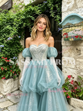 Puffy Sleeves Blue Tulle Layer A Line Beading Prom Dress