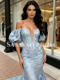 Blue Puffy Sleeve Mesh Trumpet Mermaid Lace Prom Dress