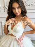 Spaghetti Strap White Tulle A-Line Homecoming Dress With Bow