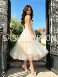 Spaghetti Straps A Line Tulle Tea Length White Homecoming Dress