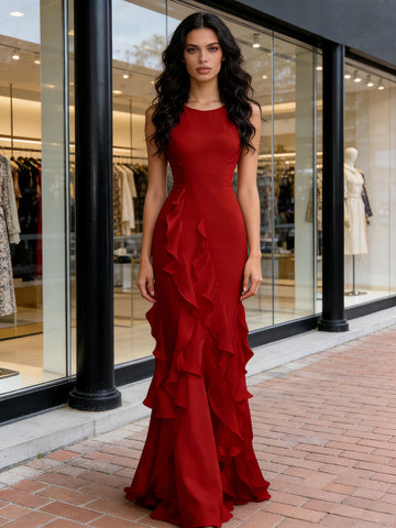 A Line Chiffon Burgundy Scoop Ruffles Prom Dress