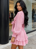 Pink V Neck Knotted Tiered Chiffon Long Sleeve Mini Dress