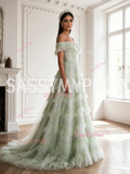 Tulle Sequin Off The Shoulder Light Green A Line Prom Dress