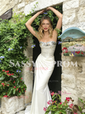 Strapless White Satin Trumpet Mermaid Beading Prom Dress