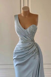 One Shoulder Trumpet Mermaid Light Blue Beading Prom Dress
