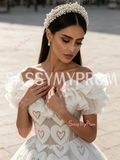 Beading Heart Off The Shoulder Ruffles Ball Gown Prom Dress