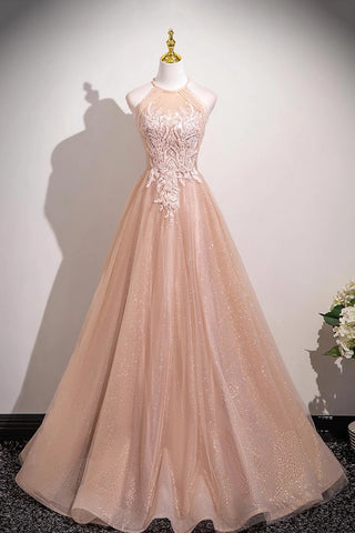 Tulle Halter A Line Beading Long Pink Prom Dress