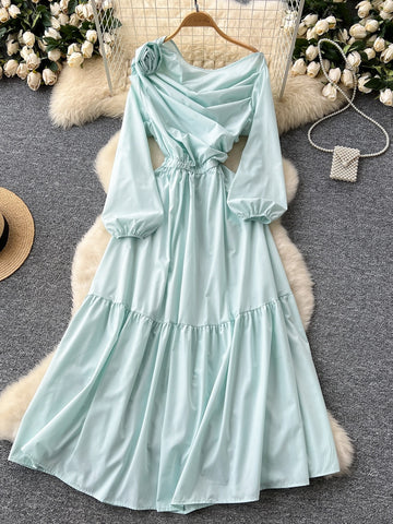 Summer Asymmetrical Puff Long Sleeves Mint Dress