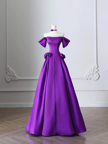 Purple Satin A-Line Off The Shoulder Prom Dress