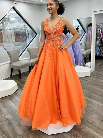Mesh V Neck Orange A Line Appliques Prom Dress