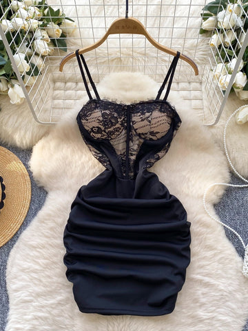 Delicate Lace Strappy Black Mini Dress