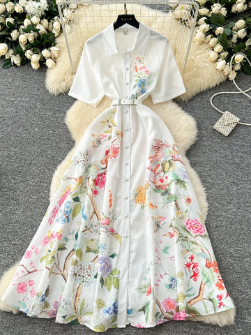 Vivid Floral Patterns White Summer Dress