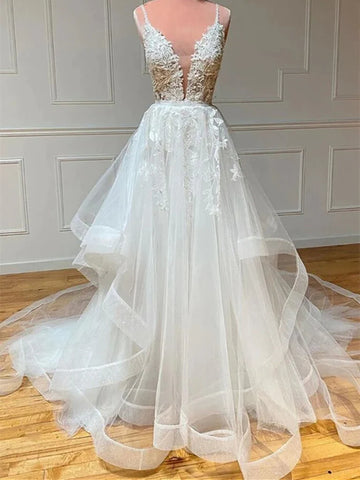 A Line V Neck White Lace Long Ruffles Wedding Dress