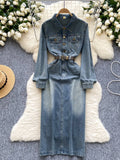 Belted Waist Long Sleeves Denim Shirt Dress