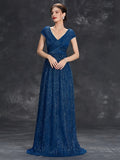 Cap Sleeve Sequin Blue Ruched V Neck Prom Dress