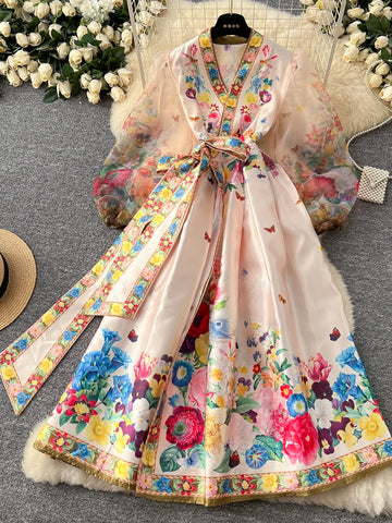 Pastel Hued Adorned Colorful Floral Chiffon Dress