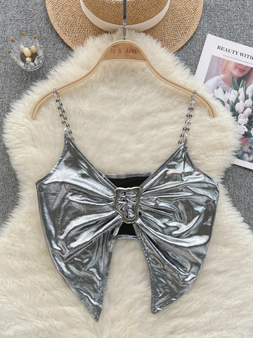 Oversized Bow Stylish Silver Crop Top