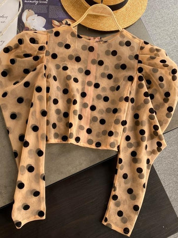 Polka Dot Pattern Dramatic Puff Sleeves Sheer Crop Blouse