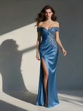 Off The Shoulder Trumpet Mermaid Satin Blue Appliques Prom Dress