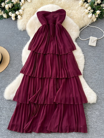 Sweetheart Pleated Skirt Burgundy Dress