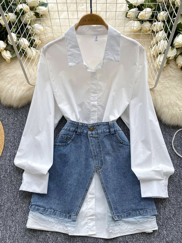 Fresh Look White Blouse Denim Skirt