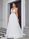 V Neck Sheer Backless Tulle A Line Wedding Dress