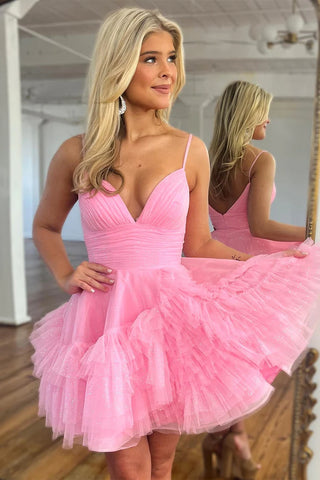 Tulle Ruffles V Neck Pink Homecoming Dress