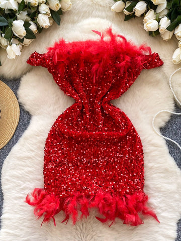 Exquisite Feather Scarlet Sequin Party Dress