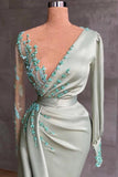 Embroidery Sheer Sleeve 3D Floral Sage Green Satin Prom Dress