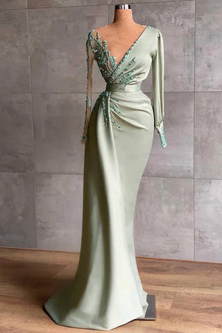 Embroidery Sheer Sleeve 3D Floral Sage Green Satin Prom Dress