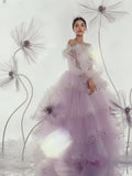 Purple Long Sleeve Tulle Ruffles A Line Prom Dress