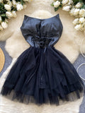 Cute Lace Up Black Short Mini Tulle Dress