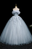 Gray Blue Tulle Flowers Ball Gown Prom Dress