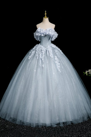 Gray Blue Tulle Flowers Ball Gown Prom Dress