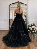 Cut Out Layer Black Strapless Tulle Prom Dress