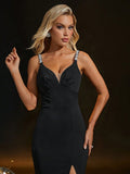 Black Backless V Neck Sheath Column Prom Dress With Slit