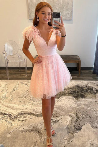 Pink Feathers V Neck Open Back Homecoming Dress