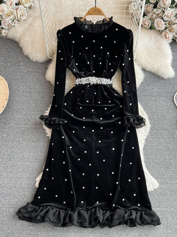 Ruffled Pearls Black Velvet Dress