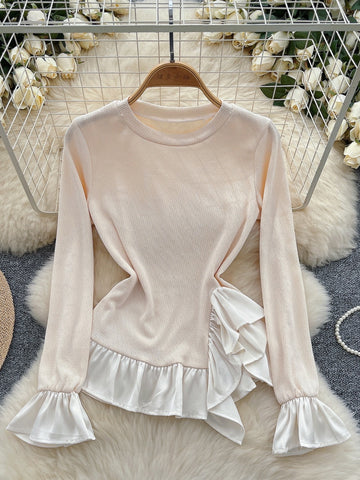 Elegant Ruffles Long Sleeve Cream Blouse