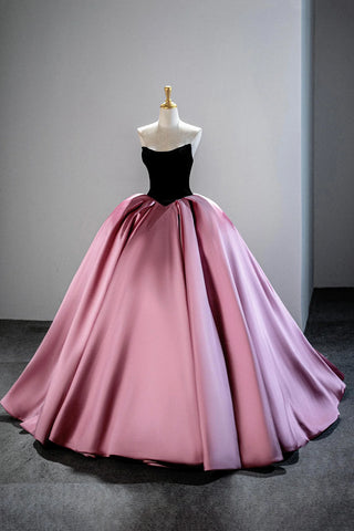 Black Velvet & Pink Satin Ball Gown Princess Prom Dress