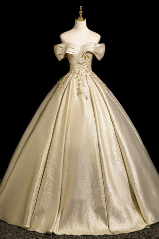 Off The Shoulder Appliques Ball Gown Gold Prom Dress