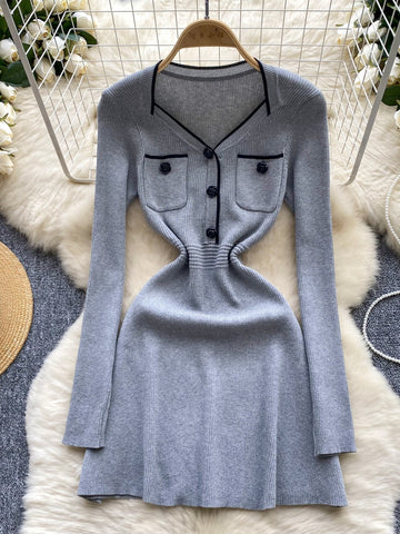 Sophisticated Pocket  Slim-Fit Gray Knit Dress