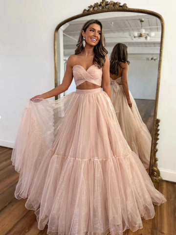 Sweetheart Two Pieces Pink Tulle Long Prom Dress