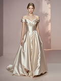 Champagne Satin A Line Off The Shoulder Wedding Dress