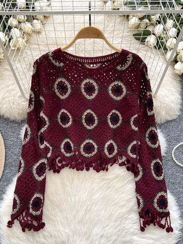 Burgundy Decorative Tassels Crochet Lace Top