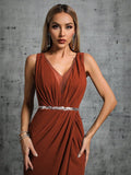 Simple Brown V Neck Chiffon Belt Prom Dress