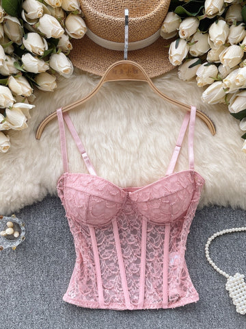 Supportive Boning Vintage-Inspired Pink Lace Corset Top