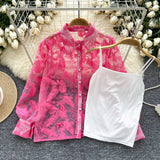 Floral Transparent Pink Lace White Inner Top Blouse