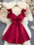 Puff Sleeve Burgundy Sweetheart Mini Dress