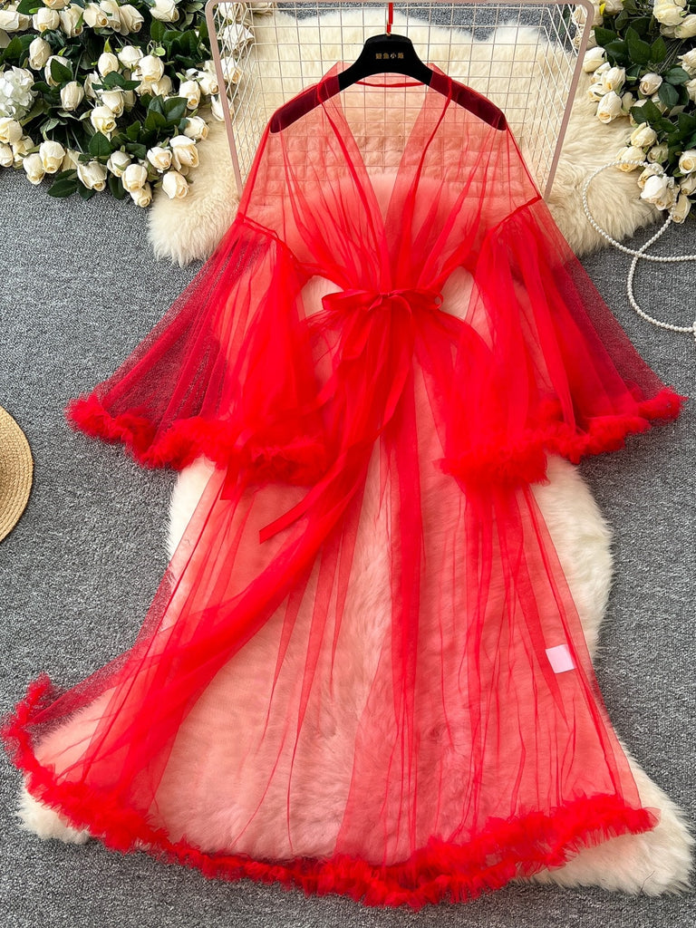 Women Flowing Robe Elegant Feather Flowing Red Tulle Robe – Sassymyprom